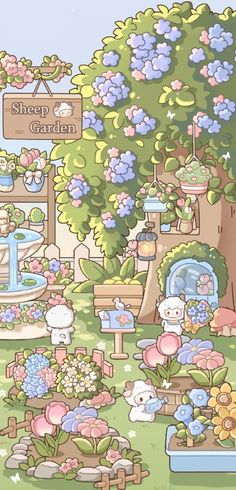 a cartoon garden with lots of flowers and animals