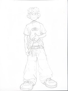 a drawing of a young boy standing with his hands in his pockets