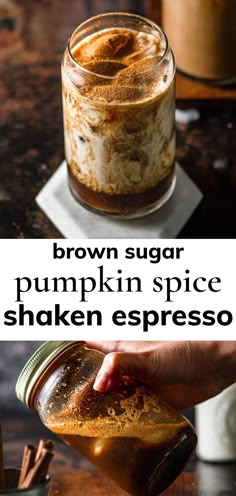 pumpkin spice shaker espresso in a glass jar with cinnamon sugar on top