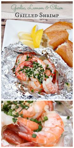 grilled shrimp with garlic, lemon and chives in foil on a white plate