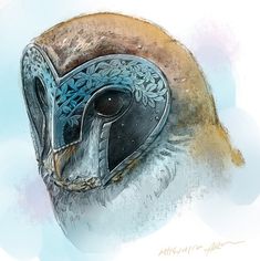 an artistic drawing of a bird wearing a blue and brown helmet with leaves on it's head