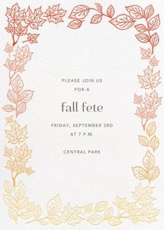 an orange and yellow frame with leaves on it is in the center of this fall party card