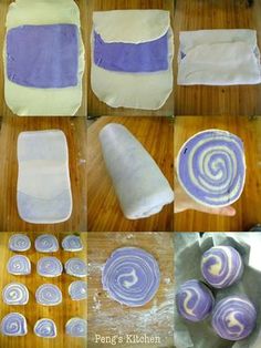 the process of making purple and white swirls on doughnuts is being made