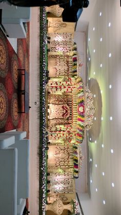 an elaborately decorated room with lights and decorations