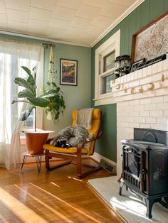 a living room filled with furniture and a fire place next to a potted plant