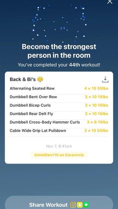 an iphone screen with the text, become the strongest person in the room you've completed your 14th workout