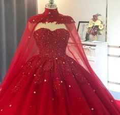 2025 Red Ball Gown Wedding Dresses Crystals Sweet 16 Quinceanera Dress – MyChicDress Wedding Dresses Crystals, Vintage Inspired Prom Dress, Red Quinceanera Dress, Ivory Bridal Gown, Crystal Wedding Dresses, Red Ball Gown, Ivory Lace Wedding Dress, Dress With Cape, Red Wedding Dress