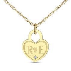 This engravable heart-shaped lock necklace is a stylish look of love. 10K yellow gold Features your and your loved one's initials inscribed with a heart in the middle A diamond accent shimmers at the bottom of the heart 16- to 18-inch adjustable rope chain with spring ring clasp Personalized Diamond Heart Cut Necklace, Anniversary Yellow Gold Heart Necklace With Initials, Heart Shaped Monogram Jewelry For Anniversary, Heart Pendant Monogram Jewelry For Anniversary, Yellow Gold Necklace With Lock As Gift, Gold Lock Necklace As Gift, Yellow Gold Initial Pendant Necklace For Valentine's Day, Gold Jewelry With Heart-shaped Lock, Heart-shaped Yellow Gold Charm Necklace For Personalized Gift