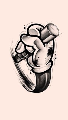 a black and white drawing of a hand holding a pipe with ink splatters on it