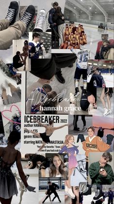 the collage shows many different people in various outfits and poses, with one person holding a skateboard