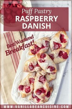 raspberry danish pastries on a white plate with text overlay that reads puff pastry raspberry danish