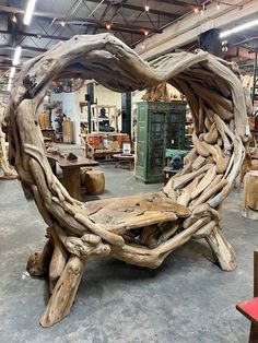 a bench made out of driftwood in a shop