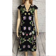 Waist: 27'', Length: 42.5'', Pit To Pit: 18'' Fully Lined, Zip Back 94% Polyester, 6% Elastane Machine Wash, Tumble Dry Special Occasion New With Tags B-22 Fitted Midi Length Embroidered Dress, Fitted Embroidered Midi Dress With Floral Print, Fitted Floral Print Embroidered Midi Dress, Fitted Knee-length Midi Dress With Floral Embroidery, Fitted V-neck Embroidered Dress With Floral Details, Fitted Short Sleeve Embroidered Midi Dress, Spring Embroidered Fitted Midi Dress, Spring Black Embroidered Midi Dress, Spring Knee-length Embroidered Fitted Dress