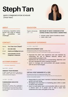 a professional resume is shown with an orange and pink hued background, as well as the