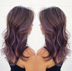 Light Brown Hair With Lavender, Brown Hair With Lavender, Hair With Lavender Highlights, Lavender Balayage Brunette, Brown Hair With Lavender Highlights, Hair With Brown Eyes, Lavender Balayage, Hair Color Ombre, Lavender Highlights