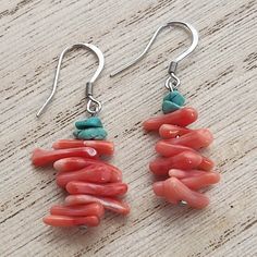 Summer ready coral and turquoise dangle earrings on stainless steel fishhook ear wires and headpins. Rubber earring backs included.  Wear these fun earrings for a pop of summer color.  Ships in 1-2 days Coral Dangle Earrings, Coral Earrings With Ear Wire As Gift, Handmade Coral Drop Earrings, Handmade Coral Earrings For Summer, Turquoise Dangle Earrings, Turquoise Earrings Dangle, Head Pins, Summer Color, Coral Turquoise