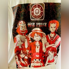 an image of some anime characters on a t - shirt that is white and red