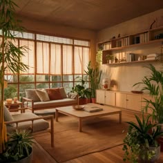 a living room filled with furniture and lots of plants