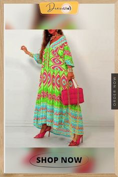 Women Vintage Bohemian Printed Long Dress Autumn Casual Half Sleeve V Neck Loose Dress Ladies Fashion Draped Big Hem Dresses New Green Printed Flowy Dresses, Green Tunic Dress For Vacation, Green Tunic Midi Dress For Vacation, Green Printed Long Dress, Bohemian Green Printed Dresses, Green Flowy Tunic Maxi Dress, Green Printed Tunic Dress, Green Printed V-neck Dress, Green Printed V-neck Maxi Dress