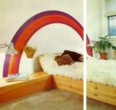 two pictures of a bed with a rainbow arch in the middle and a potted plant next to it