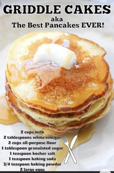 a stack of pancakes with syrup and butter on top