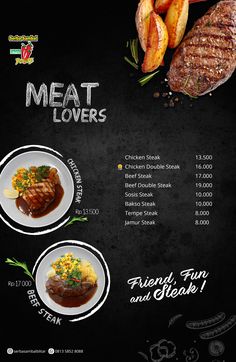 the menu for meat lovers is shown on a blackboard