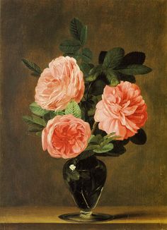 a painting of pink roses in a black vase on a table with green leaves and brown background