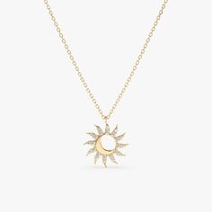 Embrace the beauty of the heavens with this enchanting Sun & Moon Diamond Necklace. This celestial pendant features a sparkling sun crafted from round diamonds, contrasted beautifully with a crescent moon adorned with shimmering pave diamonds. Suspended from a 14k yellow gold chain, this necklace is a captivating symbol of balance and harmony. A delightful gift for someone who loves unique and a great layer piece to pair with zodiac themed jewelry!  - Handmade - Solid Gold - Natural Diamonds  - G Color, SI Quality Diamonds - Size of the Sun: 11 mm - Total Diamond Carat Weight: 0.09 ctw 🛠 Your Sarah Elise piece is handcrafted with care! Ready-to-ship items go out within 3 business days. Made-to-order pieces typically take 7-10 business days to create. If you need something sooner, please c Moon Shaped Celestial Necklace With Sun And Moon Design, Celestial Moon Necklace With Sun And Moon Design, Celestial Moon-shaped Necklace With Sun And Moon Design, Celestial Sun And Moon Necklace, Celestial Jewelry With Sun And Moon Designs, Celestial Sun And Moon Jewelry, Celestial Sun And Moon Design Necklace For Anniversary, Celestial Sun And Moon Necklace For Anniversary, Celestial Sun And Moon Design Anniversary Necklaces