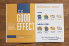 an open brochure on a wooden table with information about the benefits of good effect