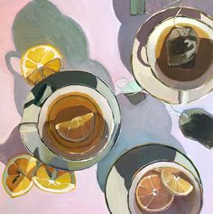 a painting of oranges and tea on a table