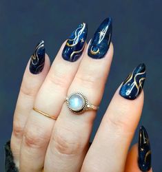 Cosmic Nail Designs, Blue Celestial Nails, Cosmic Nail Art, Celestial Nails Acrylic, Black Celestial Nails, Whimsigoth Nails, Winter Solstice Nails, Acotar Nails, Yule Nails