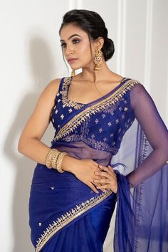 Indigo blue saree with hand embroidered aari border. Paired with a padded raw silk embroidered blouse. - Aza Fashions Blue Pre-draped Saree With Dori Work For Eid, Blue Pre-draped Saree With Dori Work For Festivals, Designer Royal Blue Saree With Resham Embroidery, Royal Blue Blouse Piece For Diwali, Royal Blue Blouse For Diwali, Traditional Royal Blue Saree For Reception, Festive Royal Blue Saree For Diwali, Designer Royal Blue Saree With Zari Work, Royal Blue Designer Saree With Zari Work