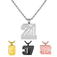 two pendants with the letter s and football on them, one has a name tag that