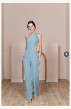 Chic Bridesmaid Jumpsuits And Rompers, Elegant One-shoulder Blue Jumpsuits And Rompers, Elegant Blue One-shoulder Jumpsuit, Fitted Sleeveless Bridesmaid Jumpsuits And Rompers, Fitted Sleeveless Bridesmaid Jumpsuit, Party Jumpsuit With Asymmetrical Neckline, Fitted Summer Jumpsuit For Bridesmaids, Elegant Summer Jumpsuits And Rompers For Prom, Chic Strapless Jumpsuit For Wedding Guests