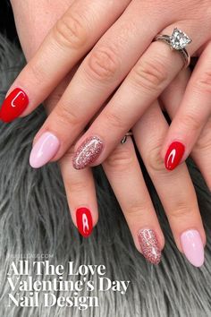 Elegant Valentines Day nail design on almond-shaped nails featuring a mix of red, pink, and sparkly accents for a romantic and polished look. Nail Stamp Kit, Winter Nails Gel, Black Gel Nails, Pink Gel Nails, Romantic Nails, Holiday Nail Designs, Nail Colors Winter, Winter Nails Acrylic, Nail Art Set