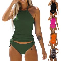 Achieve an on-trend look this season in this two-piece tankini set made from a soft and comfortable fabric with ruched sides and a drawstring halter neck for a perfect fit. A stylish combination of elegance and edge, it's sure to become a staple of your summer wardrobe. Beachwear Tankini With Ruched Sides For Beach, Stretch Swimwear With Ruched Sides For Beach Season, Beach Tankini With Ruched Sides And Stretch, Stretch Tankini With Ruched Sides For Beach, Beachwear Tankini With Ruched Sides For Pool, Stretch Ruched Tankini For Beach Party, Beach Season Swimwear With Ruched Sides, Beach Party Tankini With Drawstring And Tie-side Bottom, Beach Party Tankini With Tie-side Bottom And Drawstring