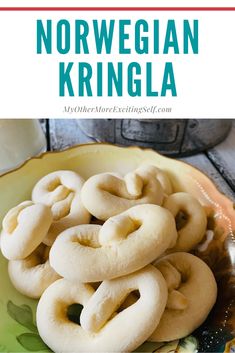 a plate full of homemade norwegian kringla cookies on a table with text overlay