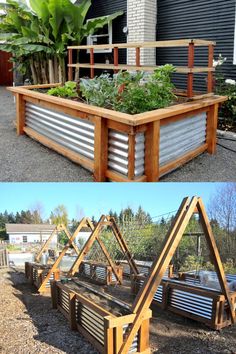 an outdoor garden is made out of metal pipes and wooden frames, with plants growing in them