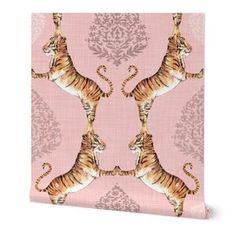 two tigers on pink wallpaper with damask