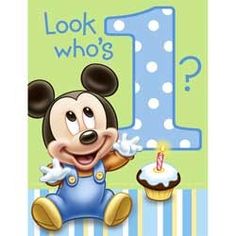 a mickey mouse birthday card with the number one on it's face and cupcakes