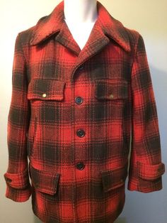 Preowned vtg men's 1940s 50s wool shadow plaid red black buffalo check pattern hunting camping work wear coat. Classic retro old school 7-snap and conmar zipper pockets and elastic inner cuffs. Camp cabin lumberjack outdoor jacket mackinaw cruiser similar to Penneys, Johnson, Eddie Bauer "style". Possibly Woolrich. Worn, flannel lining appears replaced, otherwise, good condition, see pics. No label or size tag. Measures like large. Pit-pit 23.5". Collar seam down back to bottom edge 29.5". Back Vintage Style Pea Coat With Pockets For Work, Vintage Pea Coat With Pockets For Workwear, Retro Wool Outerwear With Lapel Collar, Vintage Pea Coat With Lapel Collar For Fall, Vintage Long Sleeve Pea Coat With Pockets, Vintage Fall Pea Coat With Lapel Collar, Vintage Wool Sport Coat With Lapel Collar, Vintage Wool Sport Coat Single Breasted, Vintage Wool Single Breasted Sport Coat