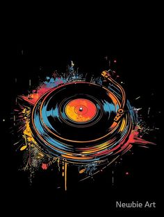 an abstract painting of a turntable with paint splatters on the side and black background