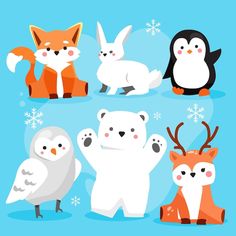 four different types of animals with snowflakes on the back and one penguin, polar bear