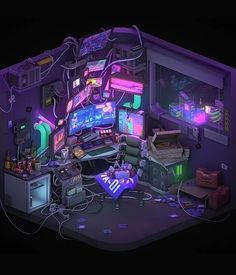 a computer room filled with lots of clutter and neon lights on the walls,