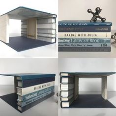 four different views of books stacked on top of each other