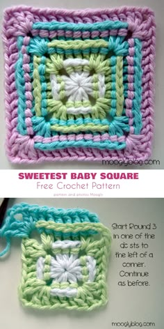 crochet baby square is shown in two different colors