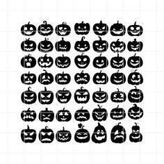 halloween pumpkins with faces cut out in black on a white background, set of 12