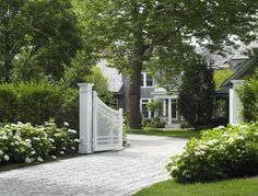 a white gate in the middle of a driveway surrounded by trees and bushes with flowers