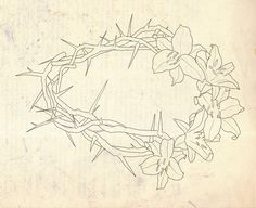 a drawing of a crown with flowers and barbed wire around it on top of a piece of paper