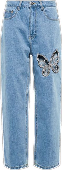 Embellished Straight Leg Denim Blue Jeans, Butterfly Cutout Jeans, Blue Rhinestone Straight Leg Jeans, Mid-rise Embellished Denim Blue Bottoms, Mid-rise Denim Flare Jeans With Rhinestones, High Rise Straight Jeans, Crystal Trim, Pocket Belt, Blue Area